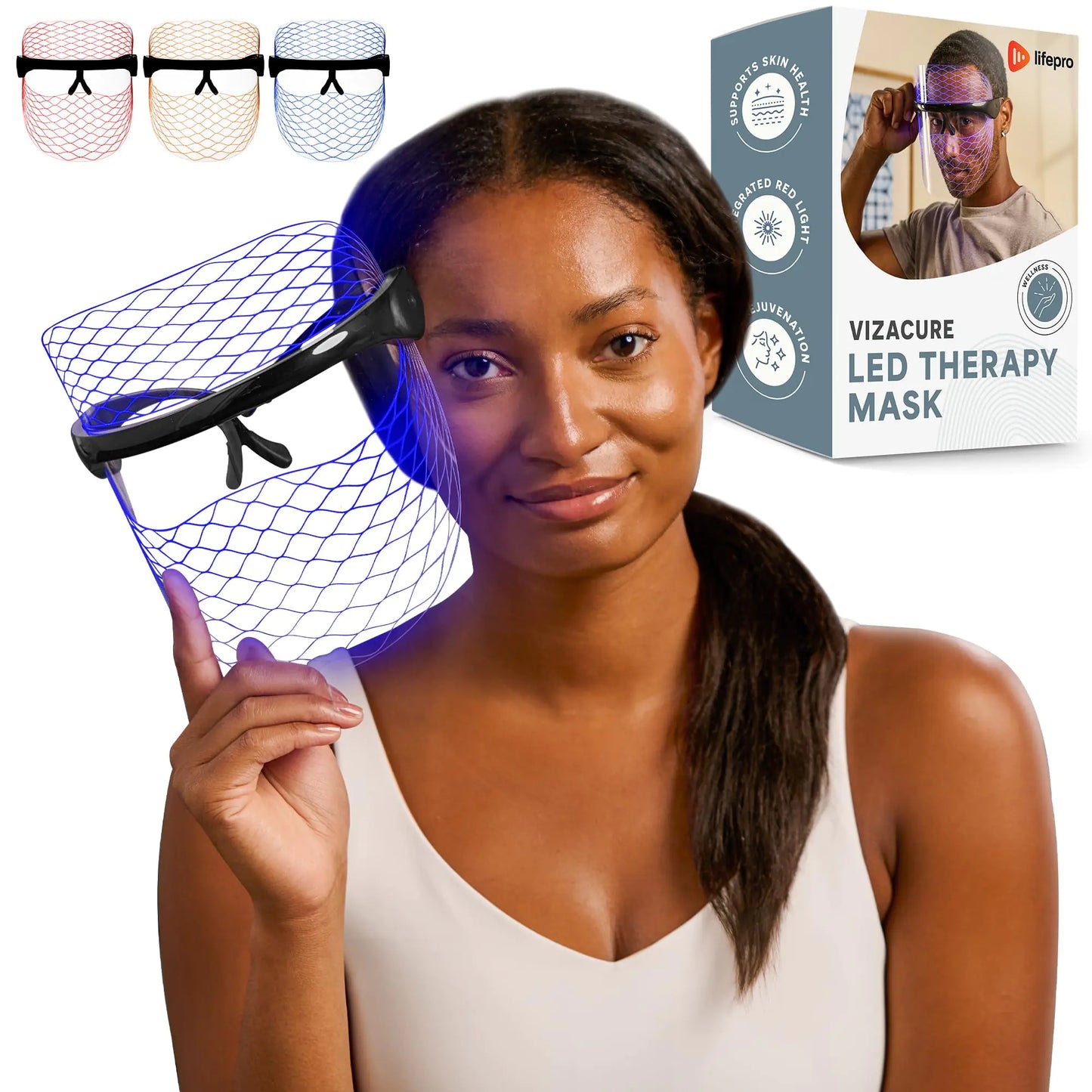 LifePro VizaCure LED Face Mask Light Therapy - Black Led Facial Mask for LED Light Face Therapy